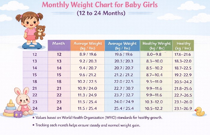 Monthly Weight Chart for Baby Girl Weight Chart 12 to 24 Months