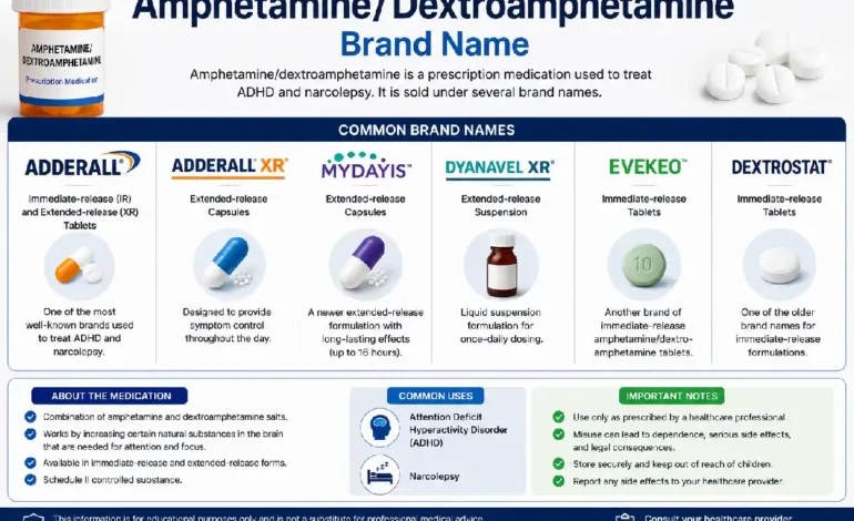 Amphetamine/Dextroamphetamine Brand Name: Usage, Types, and Safety